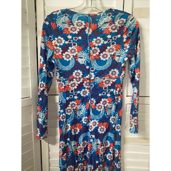 Handmade VTG 60s 70s Maxi Dress Empire Floral Knit Blue Orange Sz Small - Picture 5 of 6